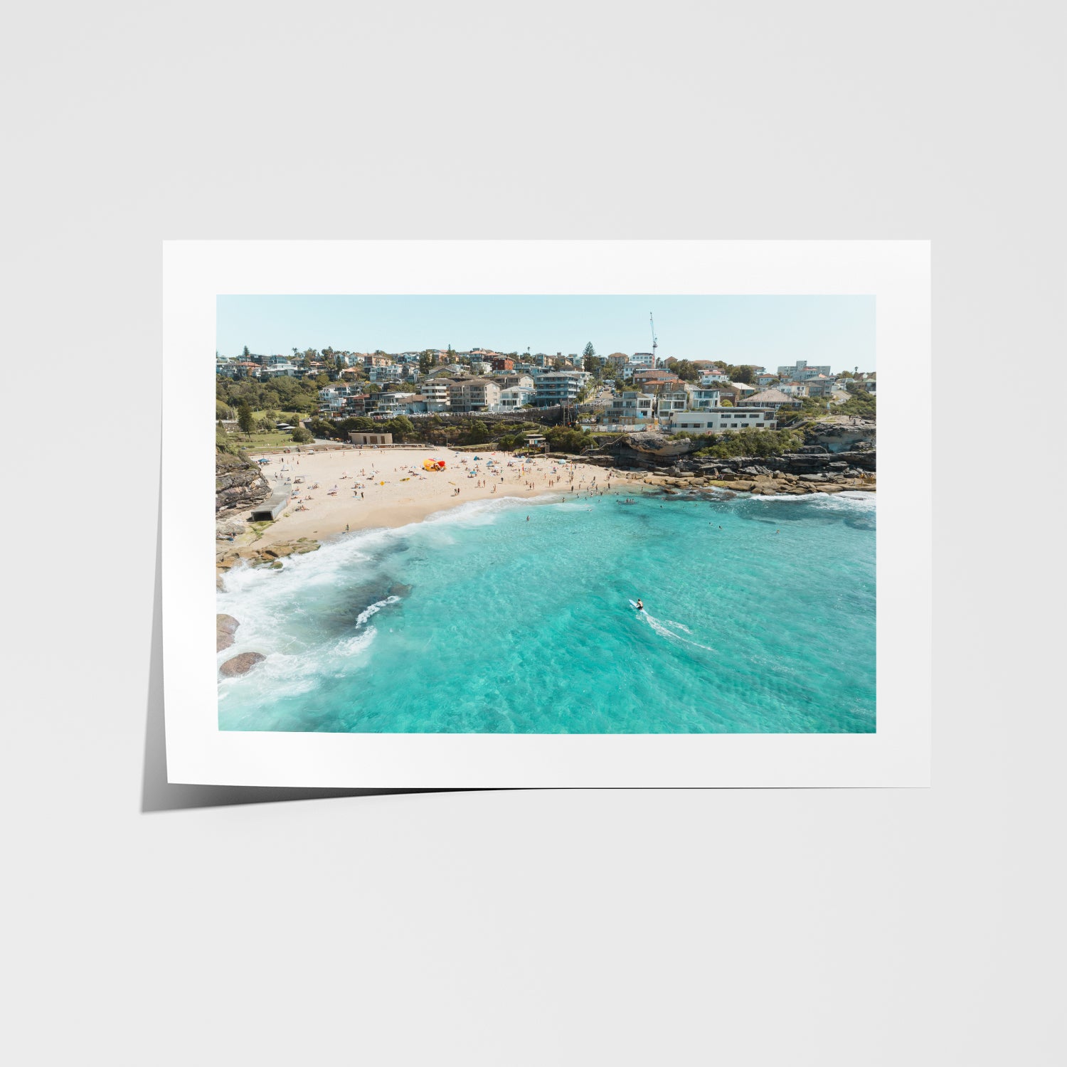 Tamarama Beach aerial landscape in white frame - Sydney coastal wall art