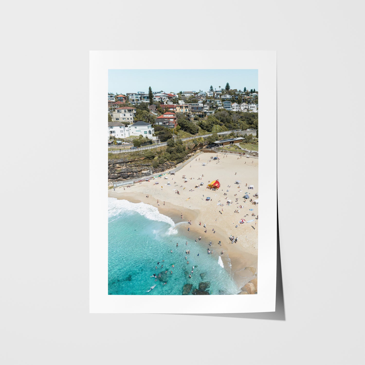 Tamarama Beach aerial view in white frame - coastal landscape photography wall art