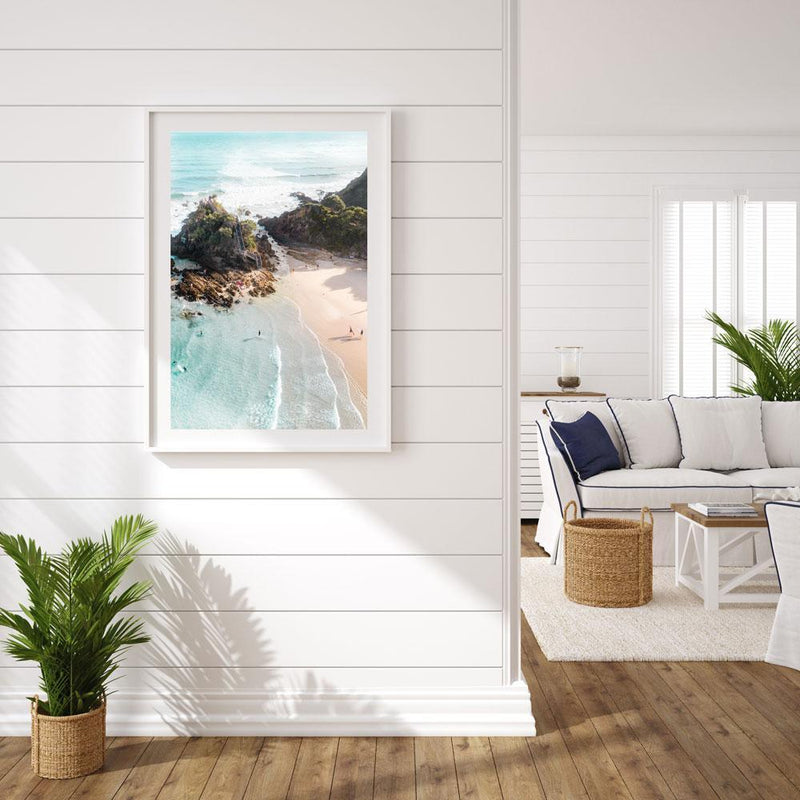 Holiday Pass Beach in Byron Bay Wall Art Print in a coastal setting and a white frame- Through Our Lensa