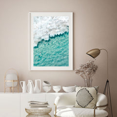 Tranquil Surf Aerial View - Abstract Ocean Framed Art print in a beige interior