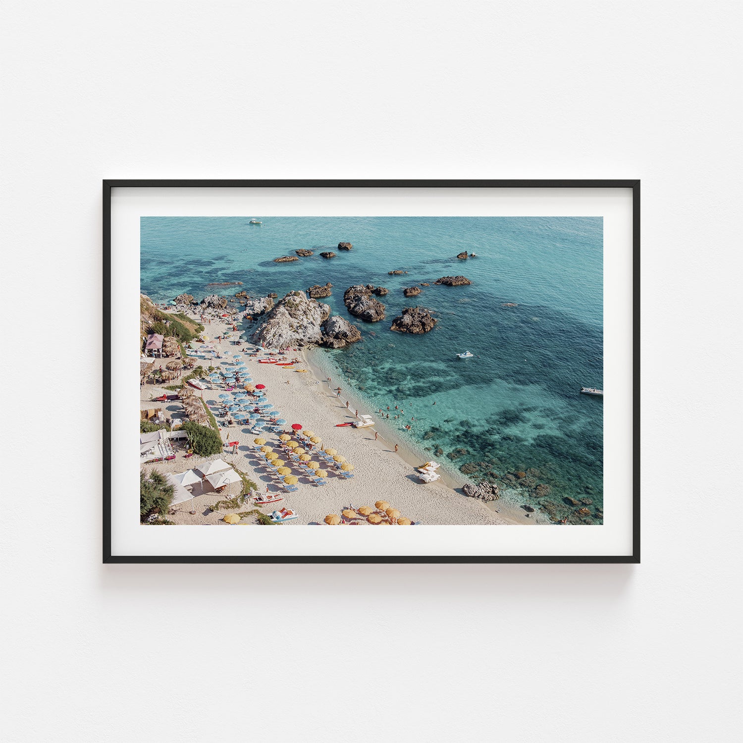 Positano coastal village aerial view in black frame - Mediterranean landscape wall art
