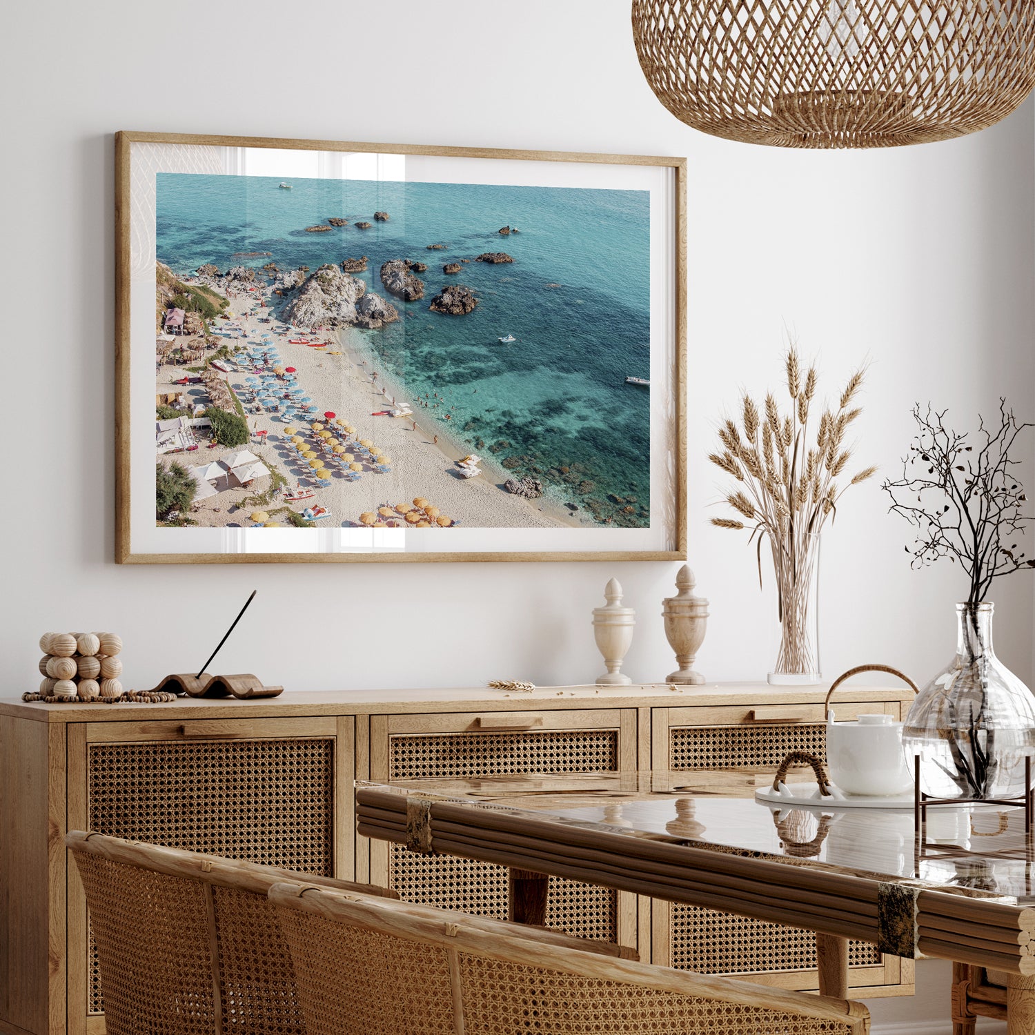 Positano coastal village aerial view in oak frame - Mediterranean landscape wall art