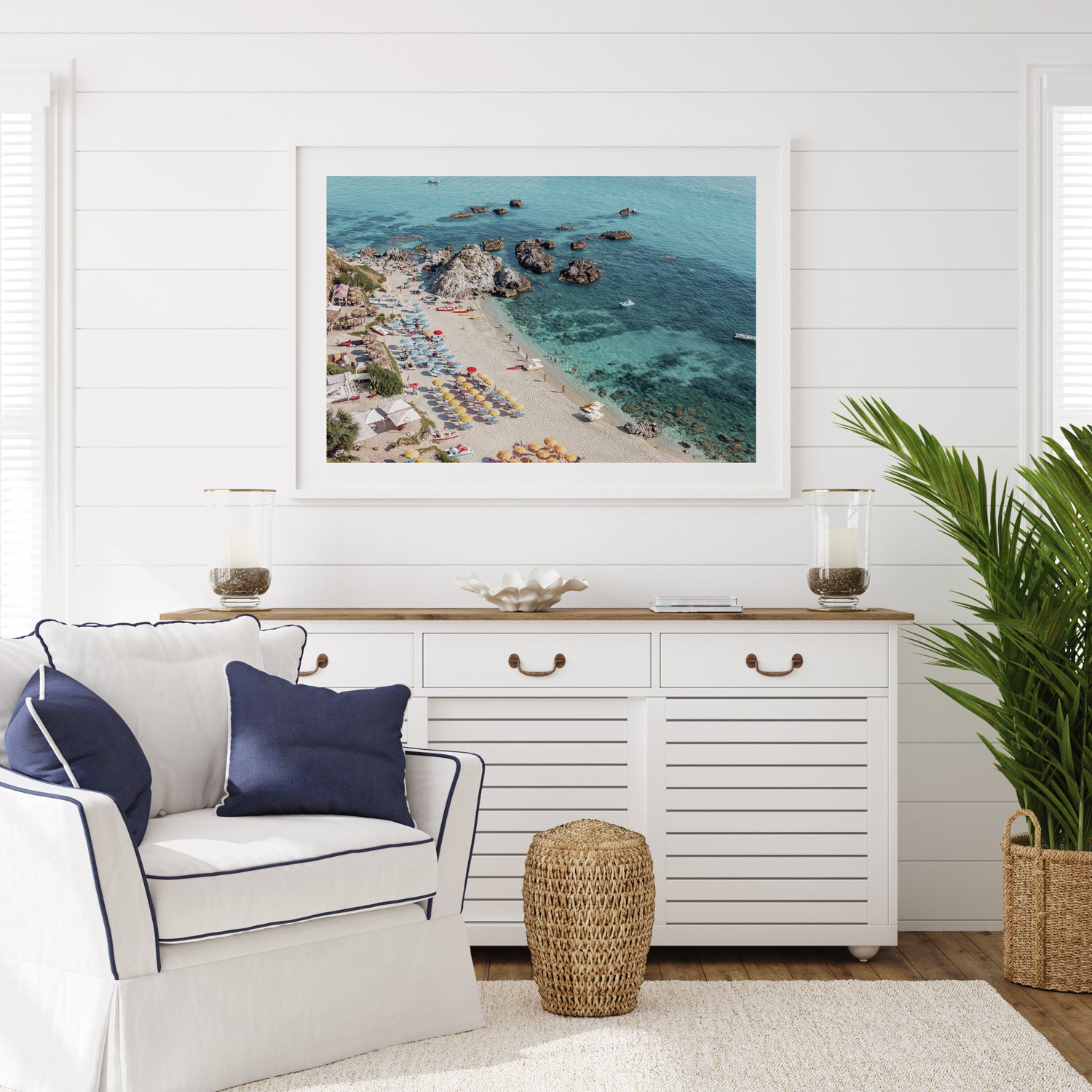 Positano coastal village landscape in white frame - Mediterranean seaside wall art