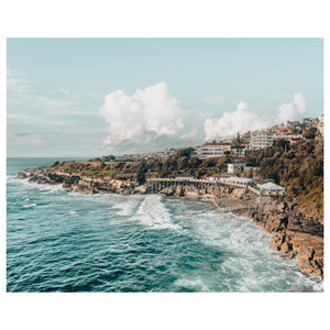 Wylies Beach ocean pool aerial view - coastal photography wall art for modern homes