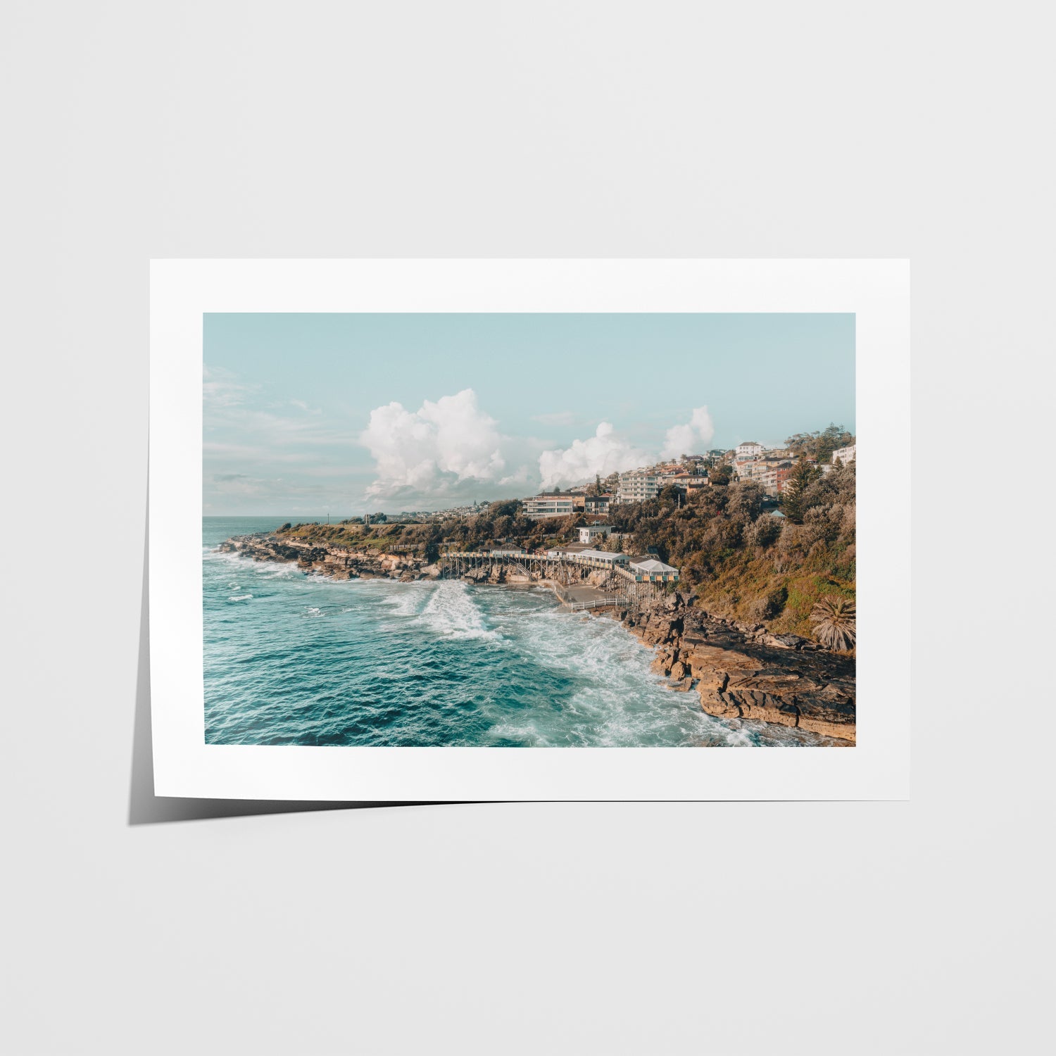 Wylies Coogee Beach aerial view in white frame - coastal Sydney swimming pool wall art